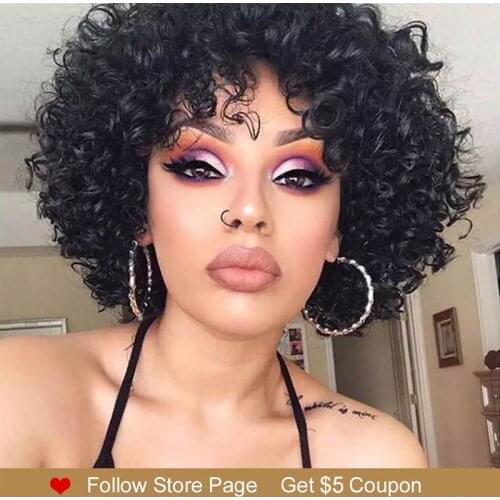 Rebecca Short Curly Human Hair Wigs For Black Women Peruvian Remy Full Wigs With Bangs Bouncy Curl Blond Red Black Cosplay Wigs