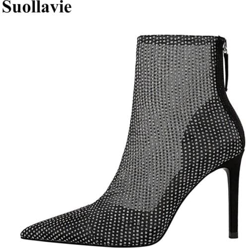 Suollavie 2021 hot Womens boots crystal mesh women shoes stripper heel hollow out sexy zipper stiletto party ankle sandals women
