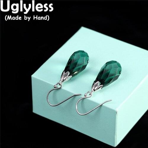 Uglyless Faceted Green Crystals Water Drop Earrings for Women Simple Fashion Exotic Jewelry Real 925 Silver Brincos Zircon Jewel