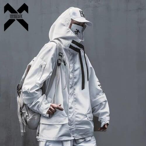 11 BYBBS DARK White Cargo Windbreaker Jackets Streetwear Men Turtleneck Punk Jacket Hooded 2021 Removable Sleeves Coats WB079