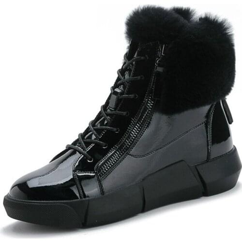 Patent leather waterproof Winter ankle boots Womens casual flat snow boots Plush warm zipper cotton shoes