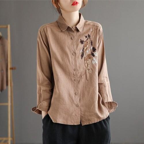 Johnature Women Linen Embroidery Shirts Vintage Full Sleeve Tops Turn-down Collar Blouses 2021 Spring Button Casual Shirts