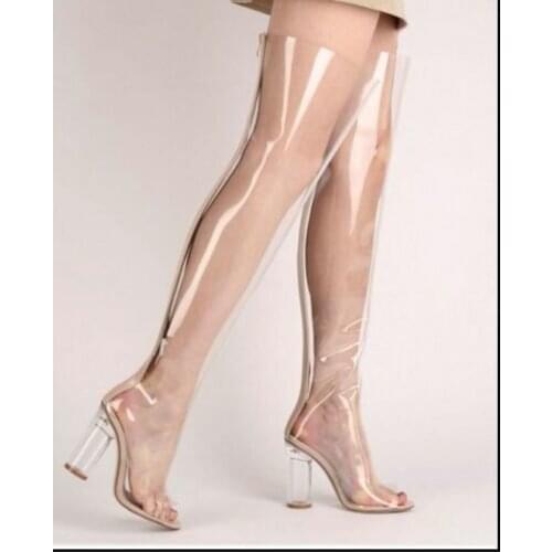 Crystal High Heel Womens Shoes Fashion Transparent Clear PVC Over Knee&Ankle Boots Block Chunky Plus Size C407