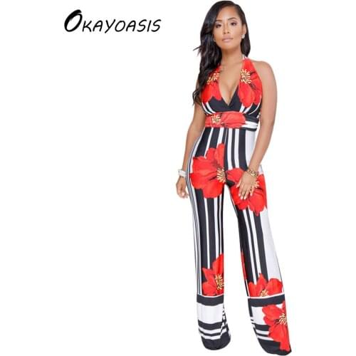 OKAYOASIS Free Shipping Sexy Jumpsuits for Women Halter Neck Floral Printed Jumpsuit Multicolor Sleeveless Backless Rompers