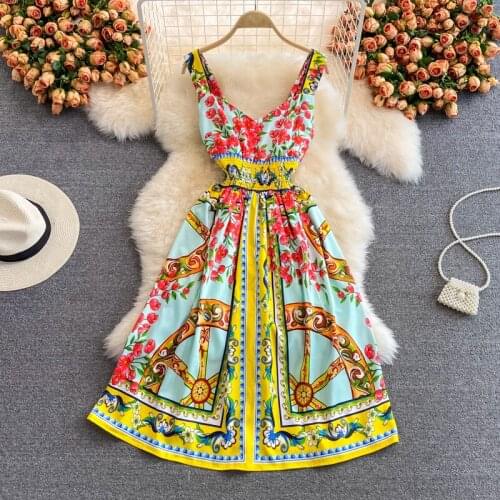 Amolapha Women Summer Holiday Sundress Sleeveless Hit Color High Waist Printed Spaghetti Strap Beach Style A-Line Dress