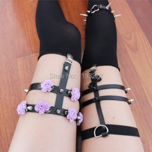 Women Lady Handmade Adjustable Harajuku Flower Leather Cross Rivet Punk Gothic Spikes Leg Garter Belt Harness Suspender