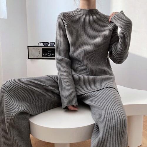 Autumn Winter Warm Knitted Womens Tracksuit Turtleneck Side Split Long Sleeve Sweater + Loose Wide Leg Pants Two Piece Set New