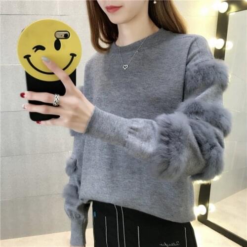 New Spring Autumn Knitting Pullover Sweater for Women Long Sleeve with Fur Female Sweaters Knitted Tops Casual Clothes Korean