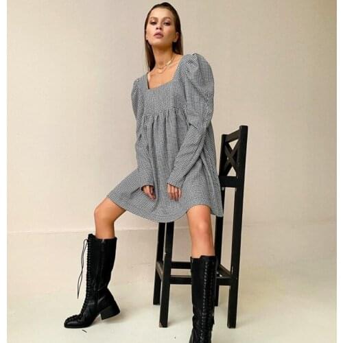 2021 Spring Casual Women Dress Fashion Vintage Puff Sleeve Square Collar Neck A-line Dresses Black White Plaid Ladies Dress