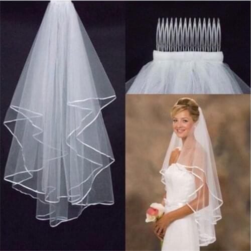 1pc Elegant Beauty Two Layers Short Net Tulle Bride Veil Long Lace Edge