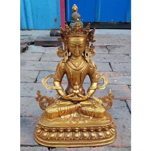36cm Tibetan alphabet Bronze gild Amitayus longevity god Buddha kwan yin statue