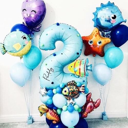 44pcs Under Sea Ocean World Animal Balloons Blue number balloon Sea Party Theme Kids happy Birthday Party Decoration Baby Shower