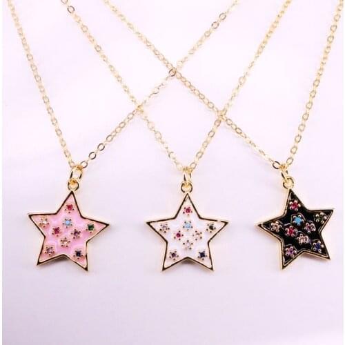 6PCS, Enamel Star Charm Pendant Necklaces Gold Color Star with CZ Paved Pendant Charm Necklace For Women Girl