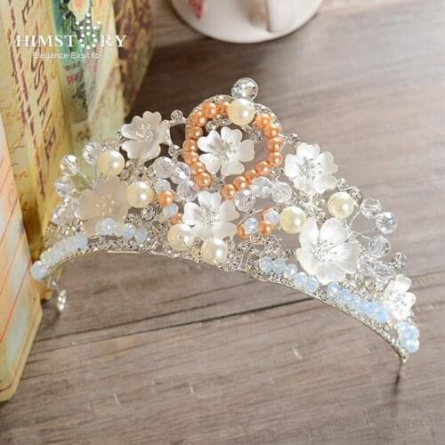 Baroque Classic White Tiara Women Crown Crystal Handmade Floral Pearl Rhinestone Wedding Hairwear Hair Accessory