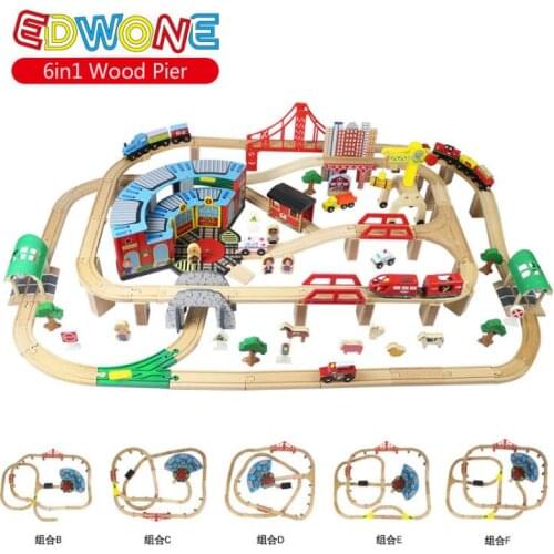 EDWONE 6IN1 168PCS Big Set Magnetic Electric Train Track Set Wooden Railway Track Slot DIY fit Brio Gifts For Kids