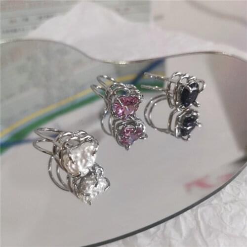 FFLACELL 2021 New Korean Romantic Inlaid Peach Heart Pearl Powder Zirconium Ring Women Party Wedding Jewelry