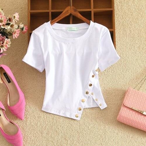 Short Sleeves Cotton Tshirt Korean Chic Casual Tops Summer Womens New Short Personalized High Waist Black White T-shirt 15860