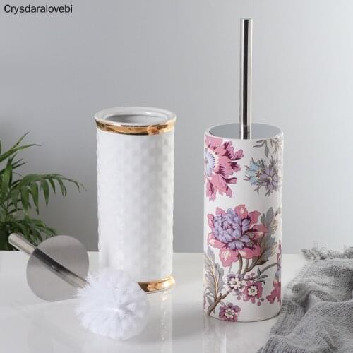 Toilet Ceramic Base Free Punch Household Bathroom Cleaning Brush Stainless Steel Long Handle Toilet Brush Set European Style