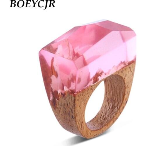 BOEYCJR Pink Color Wood Resin Rings Fashion Jewelry Novel World in The Glass Wood Finger Rings for Women Female