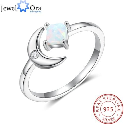 925 Sterling Silver Adjustable Open Rings for Women Girly Square White Opal Moon Rings Wedding Silver 925 Jewelry