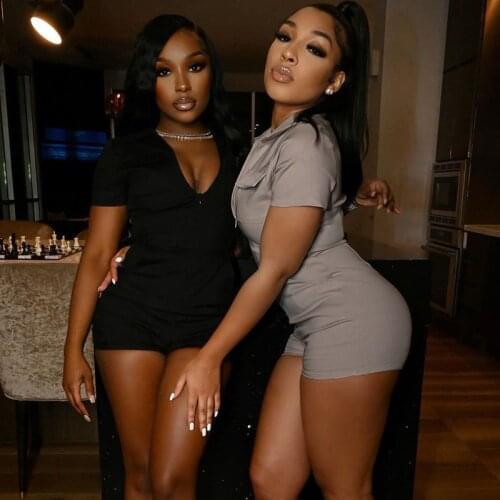 Sexy Deep V Rompers Solid Women Polo Collar Hot Summer Active Wear Skinny High Waist Hipster Athleisure Biker Playsuit