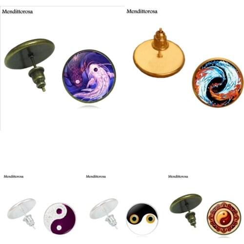 Mendittorosa Yin Yang Fish Taiji Fashion Glass For Women Girls Handmade Bronze/Silver/Golden Clip Ear Hook Stud Earrings