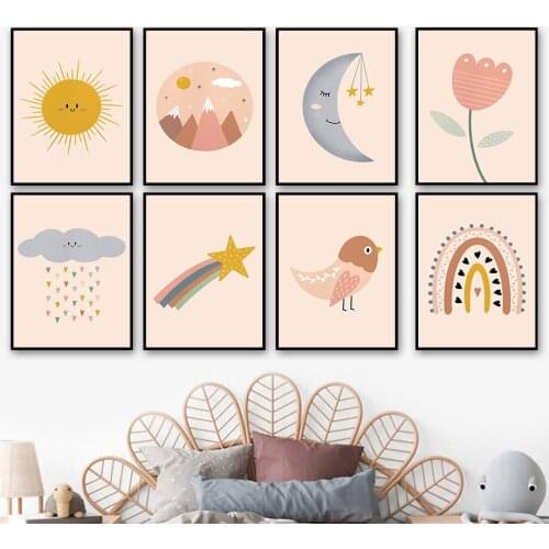 Cartoon Sun Flower Moon Mountain Rainbow Shapes Wall Art Canvas Painting Nordic Posters And Prints Wall Pictures Kids Room Decor