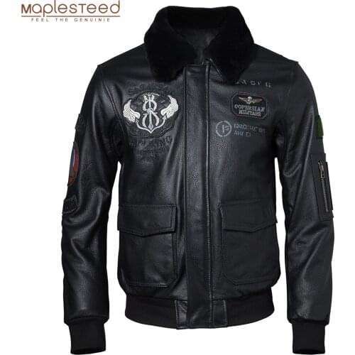 Embroidery Men Leather Jacket 100% Genuine Cowhide Fur Collar Flight Jackets Military Coat Biker Clothing Asian Size M438