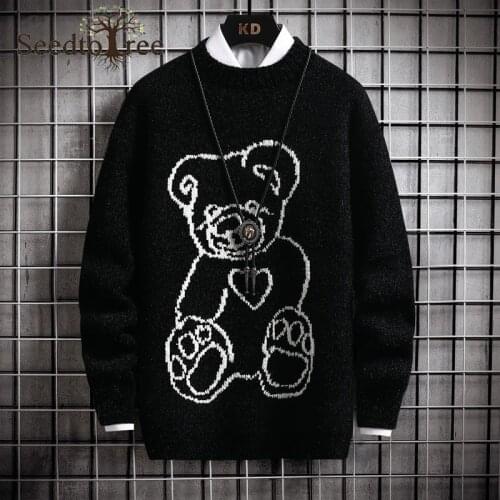 Bear Pattern Casual Mens Sweater Long Sleeve Round Neck Pullover Large Size
