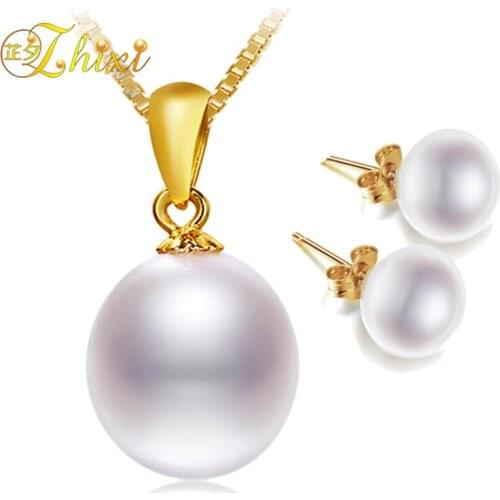 ZHIXI Pearl Jewelry Set Real 18K Gold Earrings Pendant Round Natural Freshwater Pearl Pendants Wedding Gift With Box [T223]