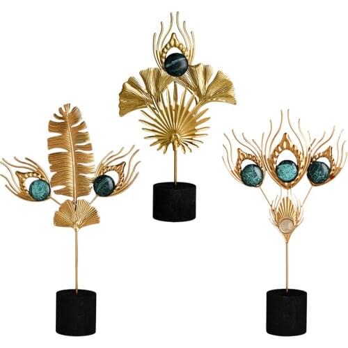 Wrought Iron Art Desktop Sculpture Feather Statue Golden Ginkgo Leaf Figurines Office Home Living Room Bedroom Decorative