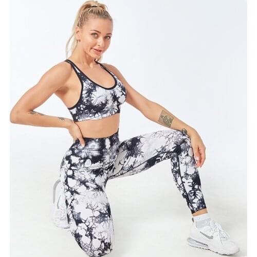NORMOV Women Fitness Sets Workout Backless Sleeveless Cross Push Up Bra Set Woman High Waist Casual Printed Suit Seamless Feamel