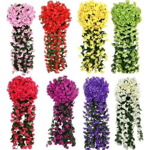 2021 New Orchid Flower Garland Vine Violet Wall Hanging Basket Flower Artificial Ivy Leaf Wedding Party Home Decor Fake Flower
