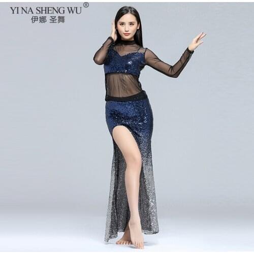 New Women Dancewear Belly Dance Clothes Net yarn Sequins Outfit Sundress Girls East Performance Clothing Bellydance Long Dress