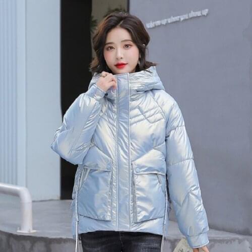 2021New Winter Women Short Parkas Jacket Casual Female Thicken Warm Windprood Shiny Bright Hooded Winter Jacket and Coat