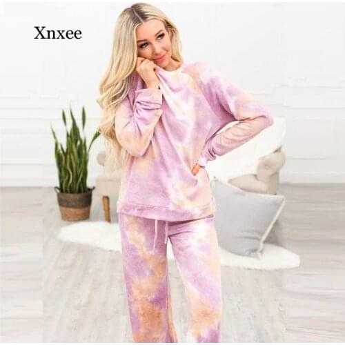 2021 Autumn Womens Tie-Dye Pajamas Womens Pajamas Suit Loose Home Wear Womens Pajamas Winter Pajamas Casual Wear Women
