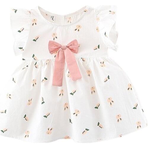 Summer Rabbit and Carrot Print Girl Dress Cotton Baby Princess Dresses With Ribbon Cute Newborn Toddlers Infant Outfits 3 Colors