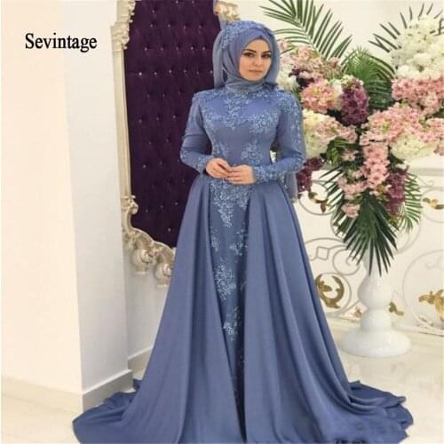 Sevintage Middle East Muslim Prom Dresses High Neck Saudi Arabic Lace Appliques Party Gowns Evening Gowns with Detachable Skirt