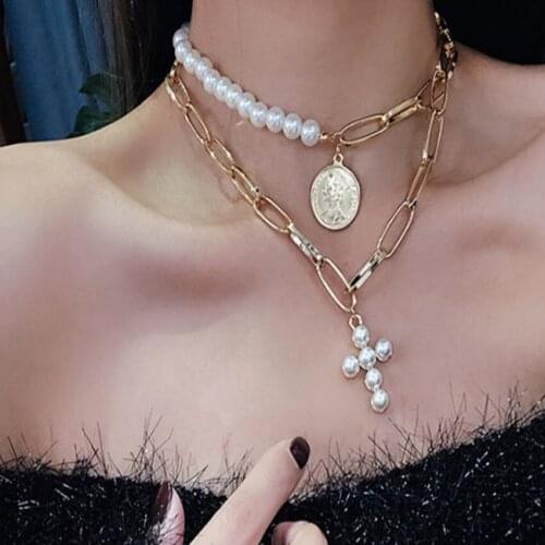 Light Yellow Gold Color Cross Pearls Pendant Link Chain Choker Necklace for Party Gift Jewelry