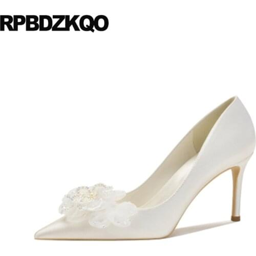 Women Diamond Floral Pumps Ivory Wedding Shoes 3 Inch Heels White Girls Bridesmaid Flower Bridal Stiletto Pearl Pointed Toe High