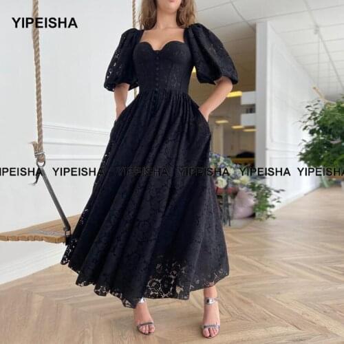 Yipeisha Vintage Tea Length Homecoming Dresses Black Lace Cocktail Party Dress A Line Short Front Slit Prom Gown with Sleeves