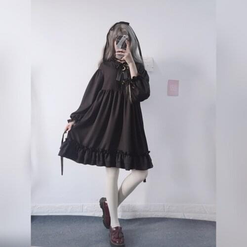Woherb 2021 Japanese Gothic Summer Chiffon Dress Women Vintage Bow Bandage Ruffle Black Lolita Dresses Vestidos Robe Femme 21664
