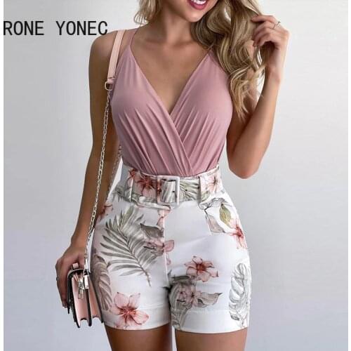 Women Plain Ruched Top & Tropical Print Shorts Set Summer Vacation Suit