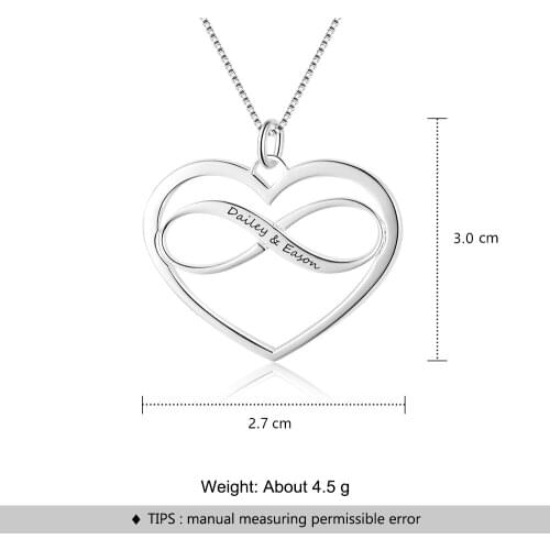 925 Sterling Silver Custom Infinity Heart Pendant Necklace Personalized Engraved Name Necklace Women Jewelry Gift