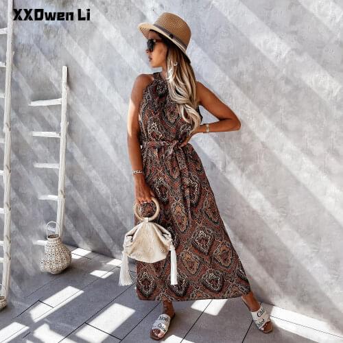Women Casual sleeveless Sashes printing Neck-mounted maxi dress summer Sexy Folds Beach Bohemian womens clothing Long dresses