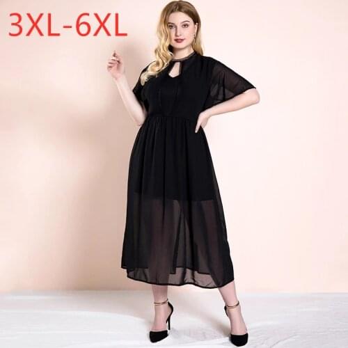 Summer plus size long dress for women large loose short sleeve transparent elastic waist V neck dresses black 4XL 5XL 6XL 7XL