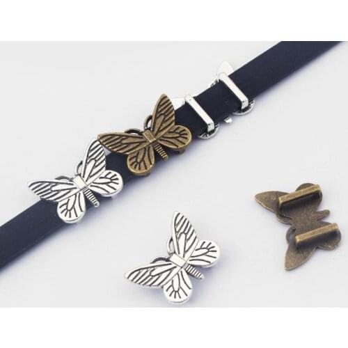 10pcs Slider Spacer Butterfly Charms For Flat Leather Cord 5mm 10mm Fashion Bracelet Jewelry Making Parts