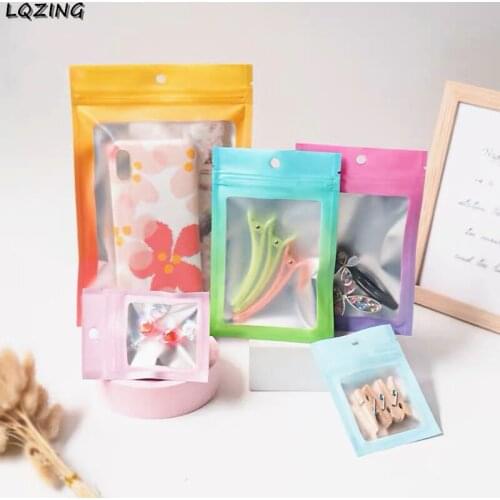 100pc Gradient Colors Zipper Lock Bag Aluminum Foil Matte Cosmetic Jewellry Hanging Bags Frosted Clear Window Reclosable Pouches