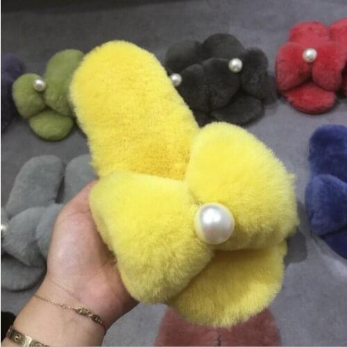 2021 Winter Shoes New Products Sheep Fur Pearl Bow Knot Indoor Home Slippers Comfortable Cotton Slippers Memory Foam Women
