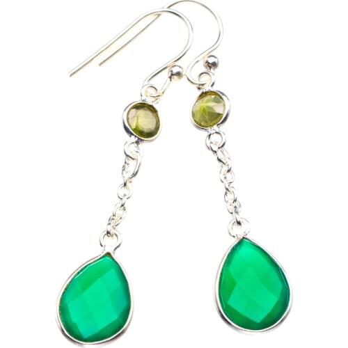 Natural Chrysoprase And Peridot Handmade 925 Sterling Silver Earrings 2" D3623